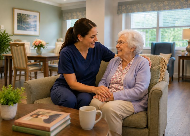 Caring staff with resident at Ambassador Nursing & Rehabilitation